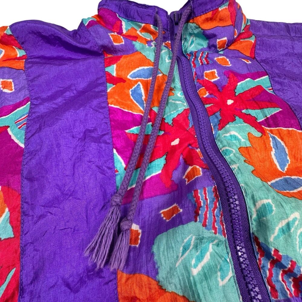 Vintage 80s Womens Track Jacket Medium Purple Colorful Windbreaker Floral Stripe - Picture 4 of 16